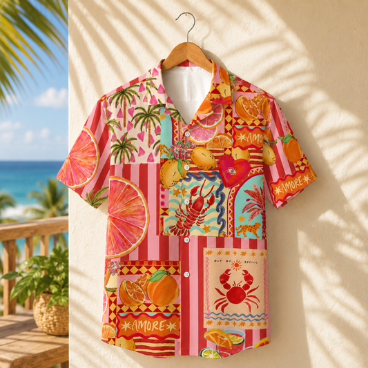 HW-M114-Amore Italian Coastal Citrus Lobster Collage Pink Striped Hawaiian Shirt Fun Summer Vacation Top