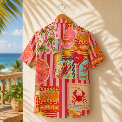 HW-M114-Amore Italian Coastal Citrus Lobster Collage Pink Striped Hawaiian Shirt Fun Summer Vacation Top
