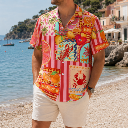 HW-M114-Amore Italian Coastal Citrus Lobster Collage Pink Striped Hawaiian Shirt Fun Summer Vacation Top