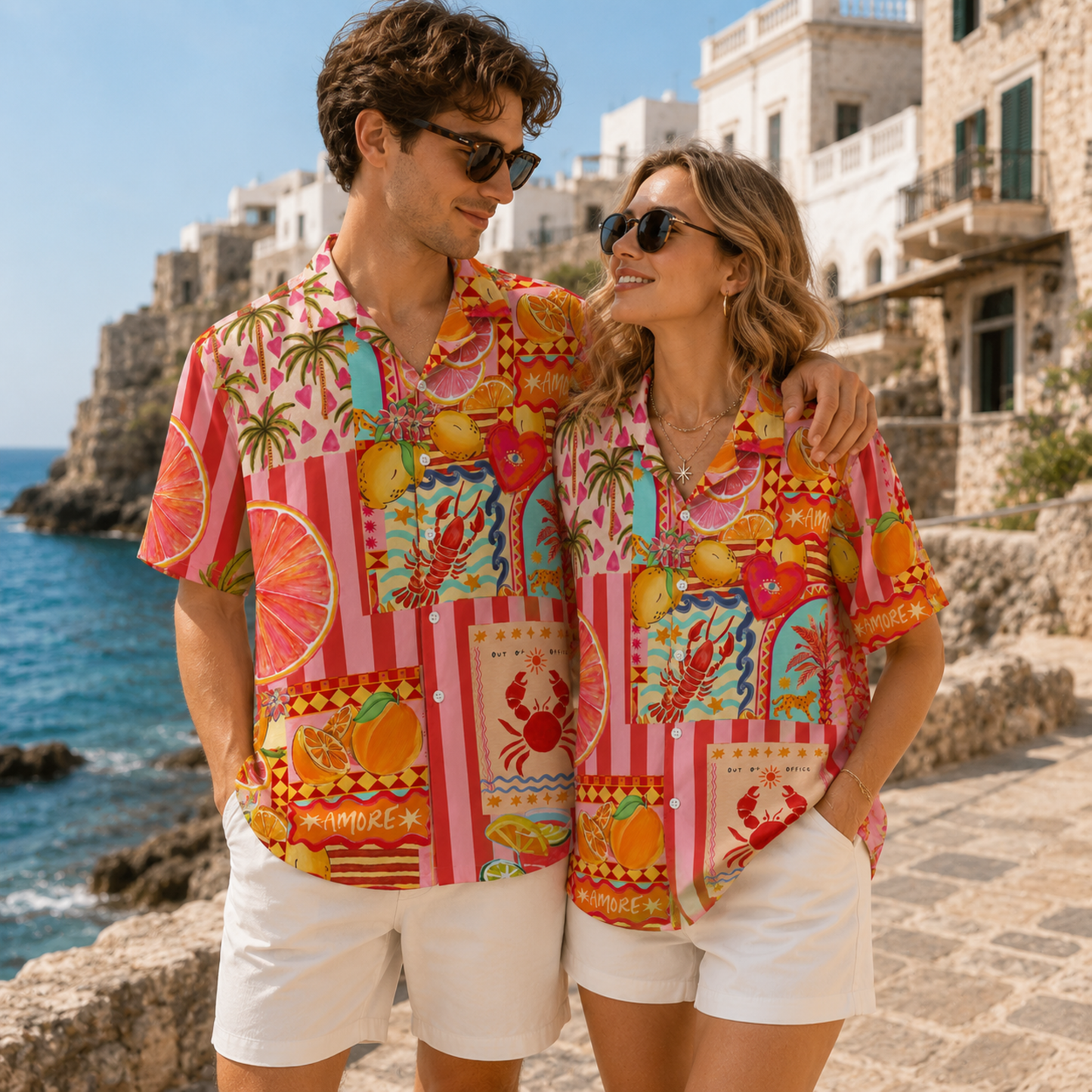 HW-M114-Amore Italian Coastal Citrus Lobster Collage Pink Striped Hawaiian Shirt Fun Summer Vacation Top