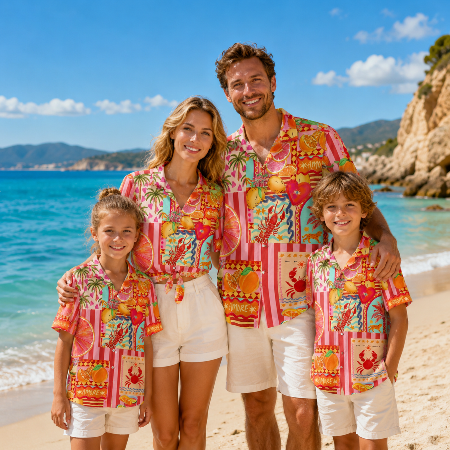HW-M114-Amore Italian Coastal Citrus Lobster Collage Pink Striped Hawaiian Shirt Fun Summer Vacation Top