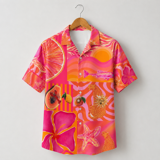 HW-M115-Bright Pink Orange Retro Leopard Citrus Floral Patchwork Hawaiian Shirt For Tropical Summer Vacation