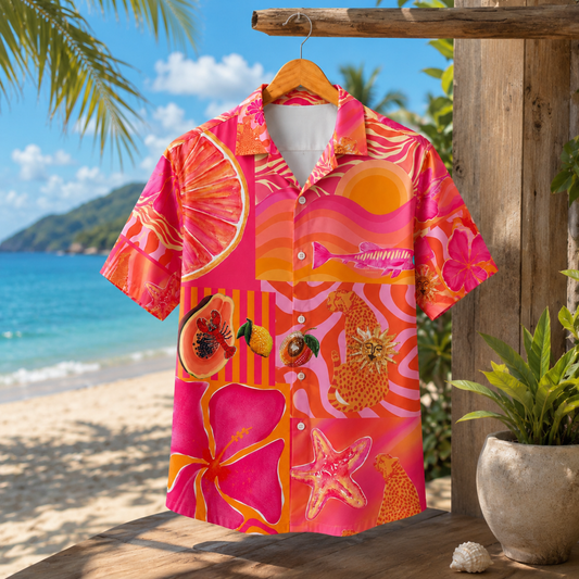 HW-M115-Bright Pink Orange Retro Leopard Citrus Floral Patchwork Hawaiian Shirt For Tropical Summer Vacation