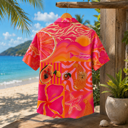 HW-M115-Bright Pink Orange Retro Leopard Citrus Floral Patchwork Hawaiian Shirt For Tropical Summer Vacation