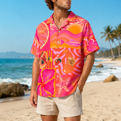 HW-M115-Bright Pink Orange Retro Leopard Citrus Floral Patchwork Hawaiian Shirt For Tropical Summer Vacation