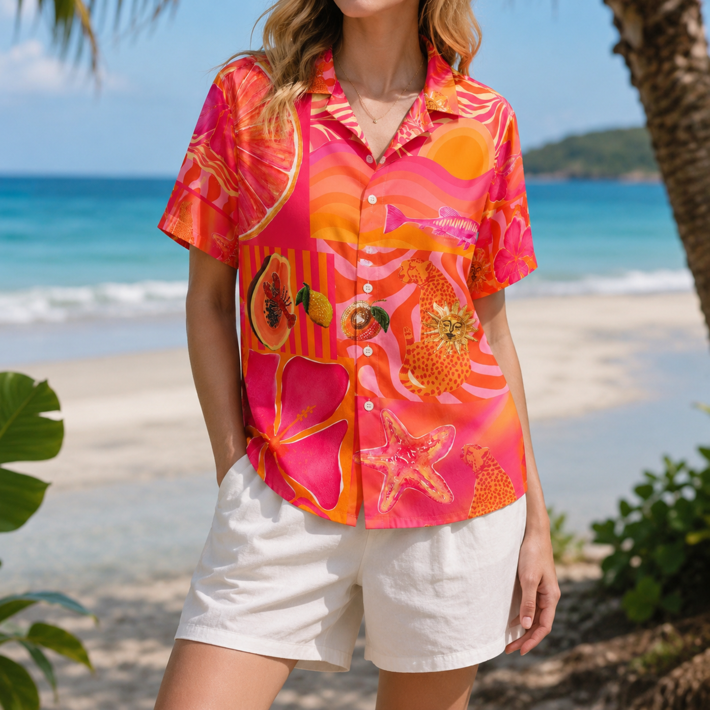 HW-M115-Bright Pink Orange Retro Leopard Citrus Floral Patchwork Hawaiian Shirt For Tropical Summer Vacation
