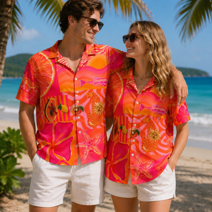 HW-M115-Bright Pink Orange Retro Leopard Citrus Floral Patchwork Hawaiian Shirt For Tropical Summer Vacation