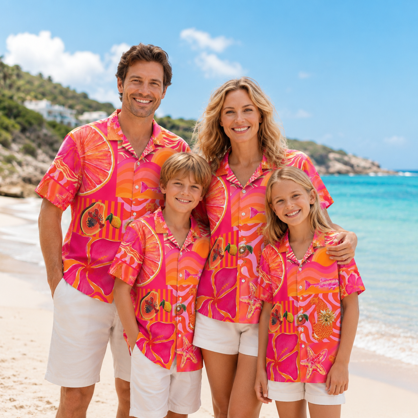 HW-M115-Bright Pink Orange Retro Leopard Citrus Floral Patchwork Hawaiian Shirt For Tropical Summer Vacation