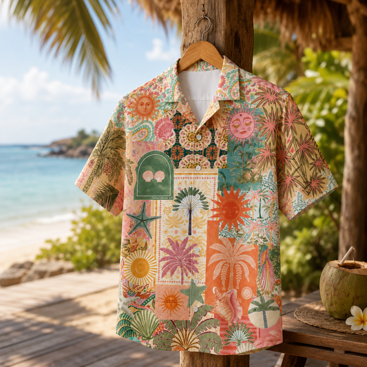 HW-M116-Boho Muted Sun Face Palm Tree Patchwork Hawaiian Shirt Vintage Beach Vacation Summer Top