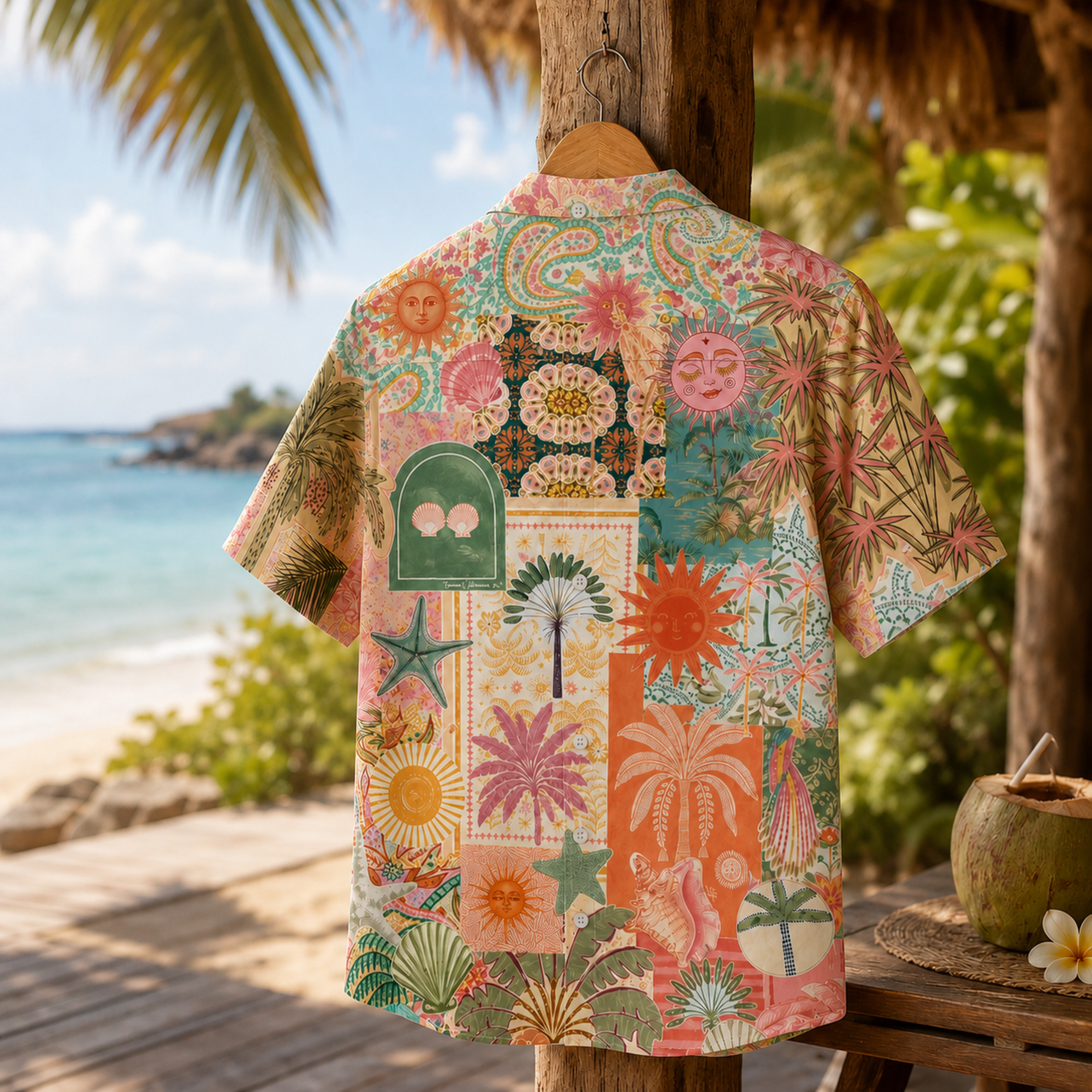 HW-M116-Boho Muted Sun Face Palm Tree Patchwork Hawaiian Shirt Vintage Beach Vacation Summer Top