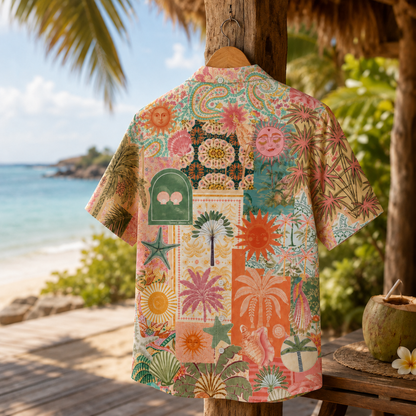HW-M116-Boho Muted Sun Face Palm Tree Patchwork Hawaiian Shirt Vintage Beach Vacation Summer Top