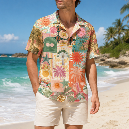 HW-M116-Boho Muted Sun Face Palm Tree Patchwork Hawaiian Shirt Vintage Beach Vacation Summer Top