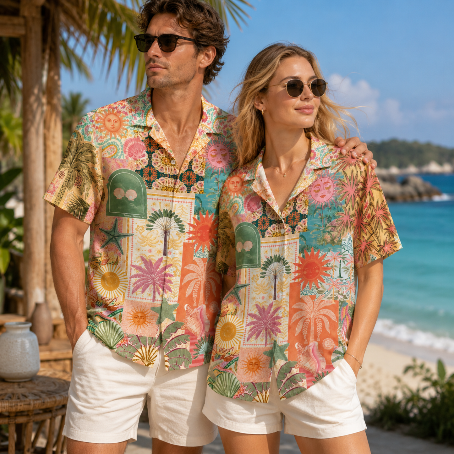 HW-M116-Boho Muted Sun Face Palm Tree Patchwork Hawaiian Shirt Vintage Beach Vacation Summer Top