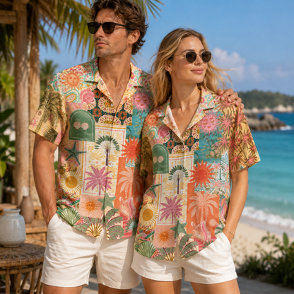 HW-M116-Boho Muted Sun Face Palm Tree Patchwork Hawaiian Shirt Vintage Beach Vacation Summer Top