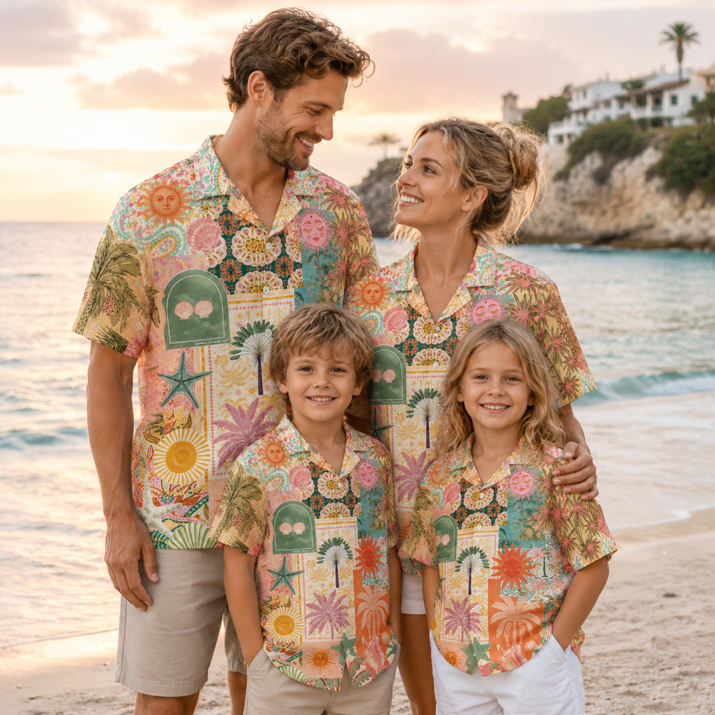 HW-M116-Boho Muted Sun Face Palm Tree Patchwork Hawaiian Shirt Vintage Beach Vacation Summer Top
