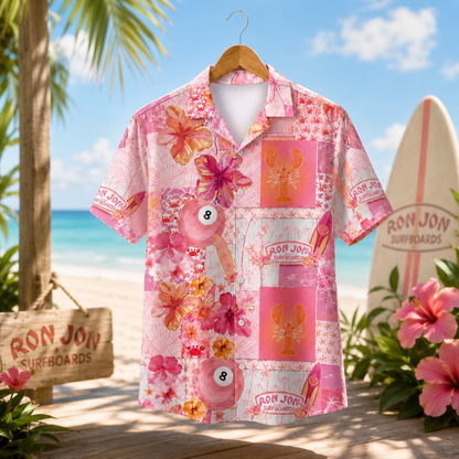 HW-M117-Retro Pink Patchwork Surfboard Lobster Eightball Hibiscus Floral Hawaiian Shirt Summer Beach Vacation Top