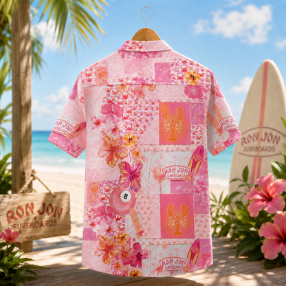 HW-M117-Retro Pink Patchwork Surfboard Lobster Eightball Hibiscus Floral Hawaiian Shirt Summer Beach Vacation Top