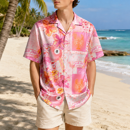 HW-M117-Retro Pink Patchwork Surfboard Lobster Eightball Hibiscus Floral Hawaiian Shirt Summer Beach Vacation Top
