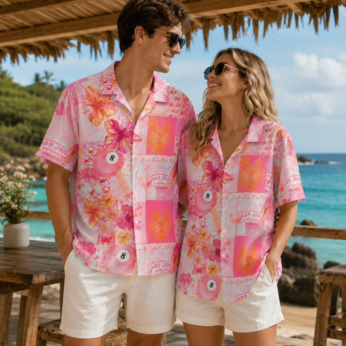 HW-M117-Retro Pink Patchwork Surfboard Lobster Eightball Hibiscus Floral Hawaiian Shirt Summer Beach Vacation Top