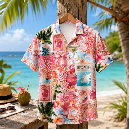 HW-M118-Pink Preppy Coastal Life Collage Cocktail Floral Hawaiian Shirt For Summer Beach Vacation Top