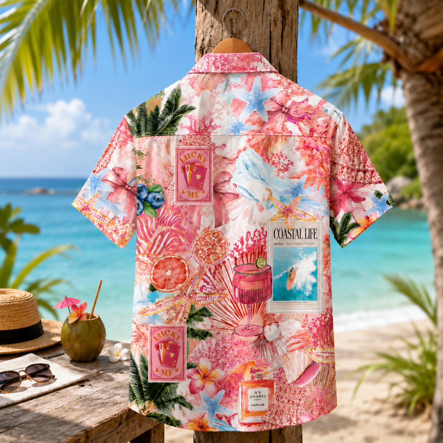 HW-M118-Pink Preppy Coastal Life Collage Cocktail Floral Hawaiian Shirt For Summer Beach Vacation Top