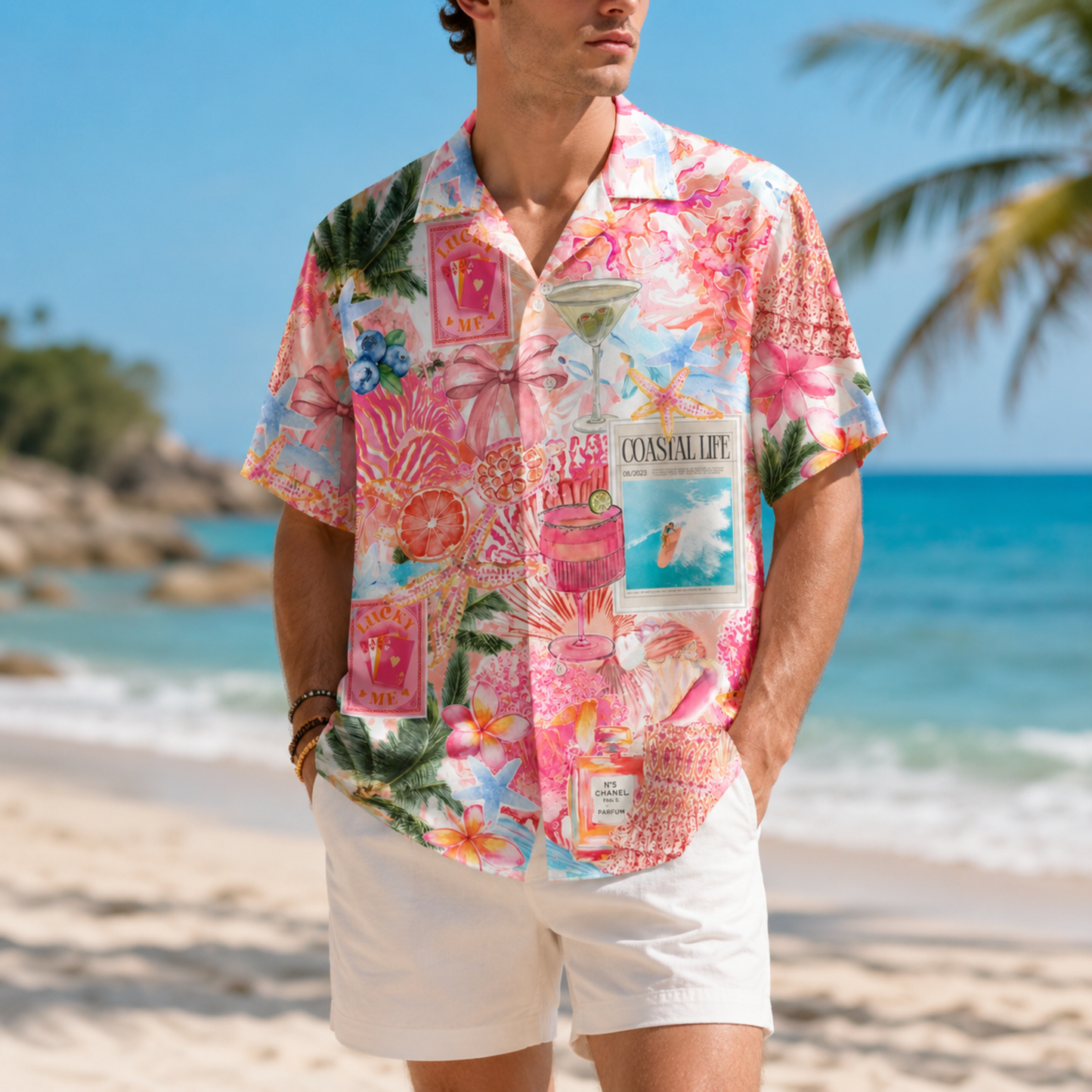 HW-M118-Pink Preppy Coastal Life Collage Cocktail Floral Hawaiian Shirt For Summer Beach Vacation Top