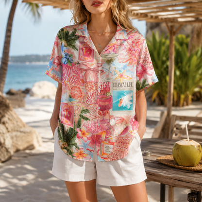 HW-M118-Pink Preppy Coastal Life Collage Cocktail Floral Hawaiian Shirt For Summer Beach Vacation Top