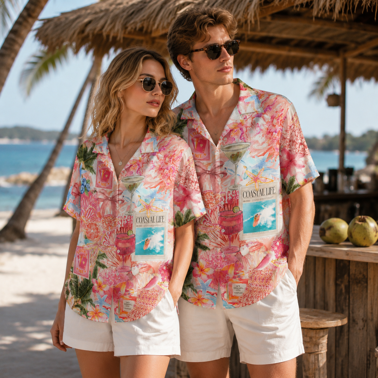 HW-M118-Pink Preppy Coastal Life Collage Cocktail Floral Hawaiian Shirt For Summer Beach Vacation Top