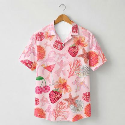 HW-M119-Quirky Pink Balloon Dog Strawberry Martini Dice Floral Hawaiian Shirt Summer Beach Vacation Top