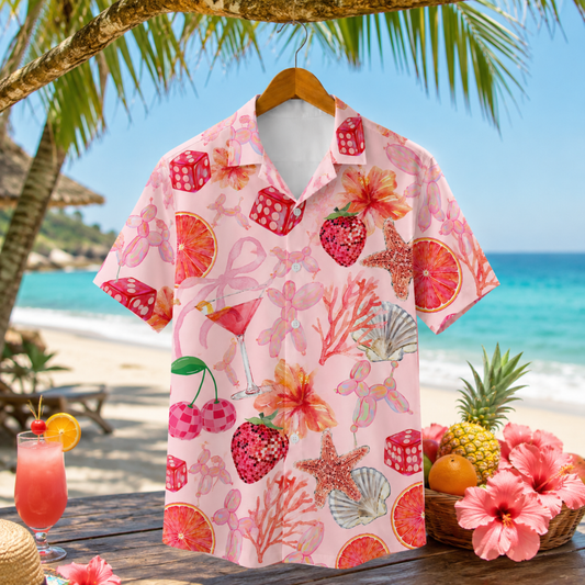 HW-M119-Quirky Pink Balloon Dog Strawberry Martini Dice Floral Hawaiian Shirt Summer Beach Vacation Top