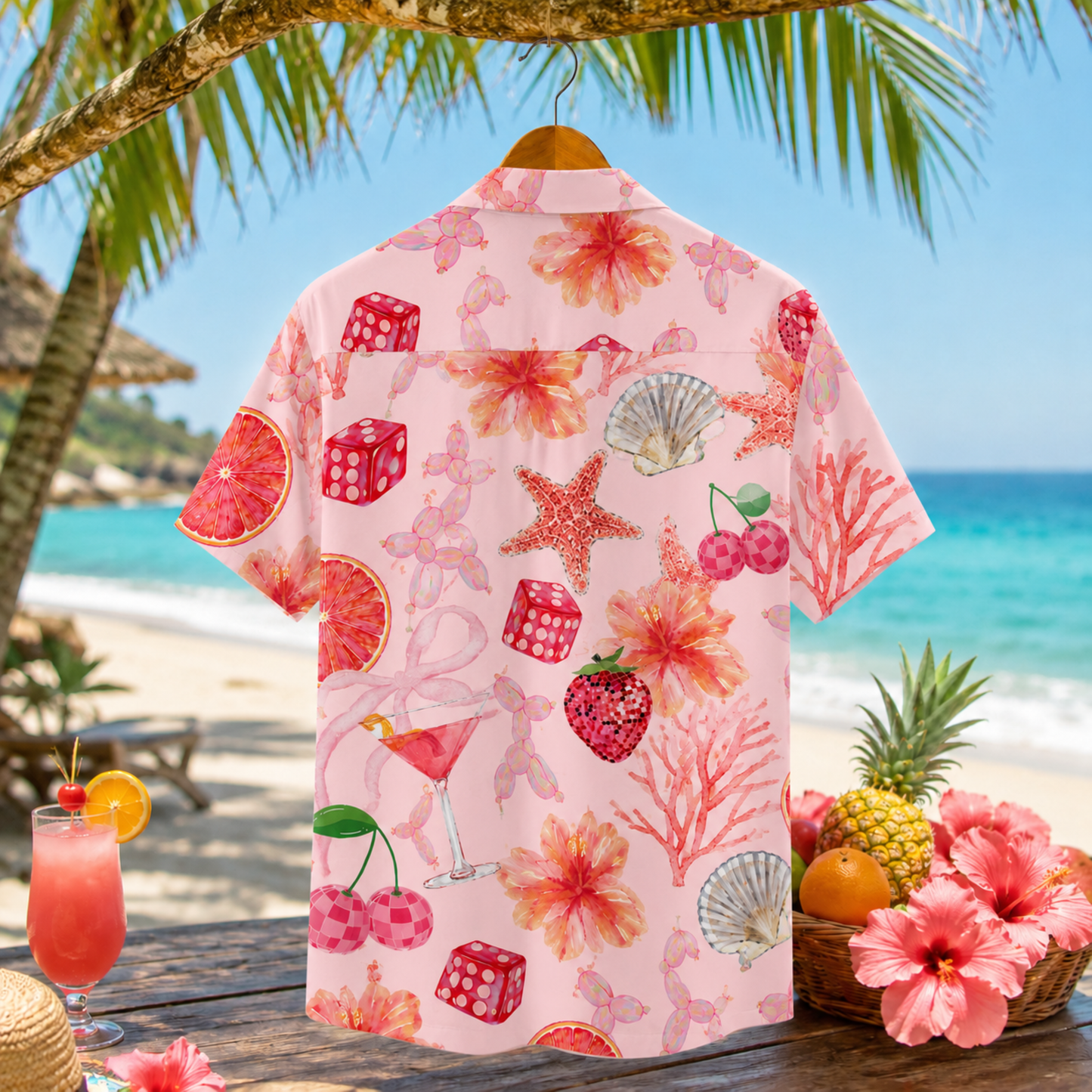 HW-M119-Quirky Pink Balloon Dog Strawberry Martini Dice Floral Hawaiian Shirt Summer Beach Vacation Top