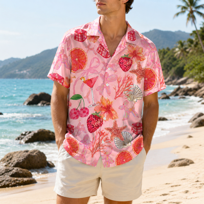 HW-M119-Quirky Pink Balloon Dog Strawberry Martini Dice Floral Hawaiian Shirt Summer Beach Vacation Top