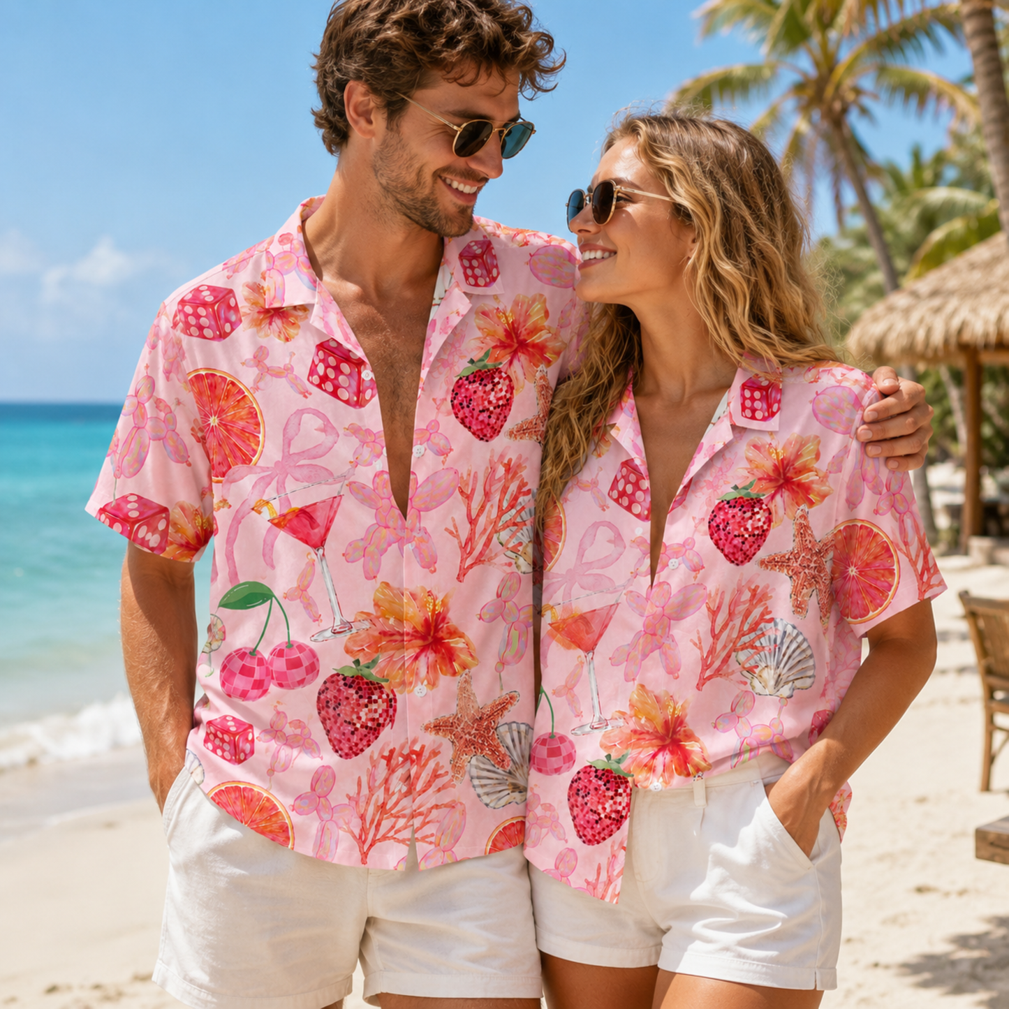 HW-M119-Quirky Pink Balloon Dog Strawberry Martini Dice Floral Hawaiian Shirt Summer Beach Vacation Top