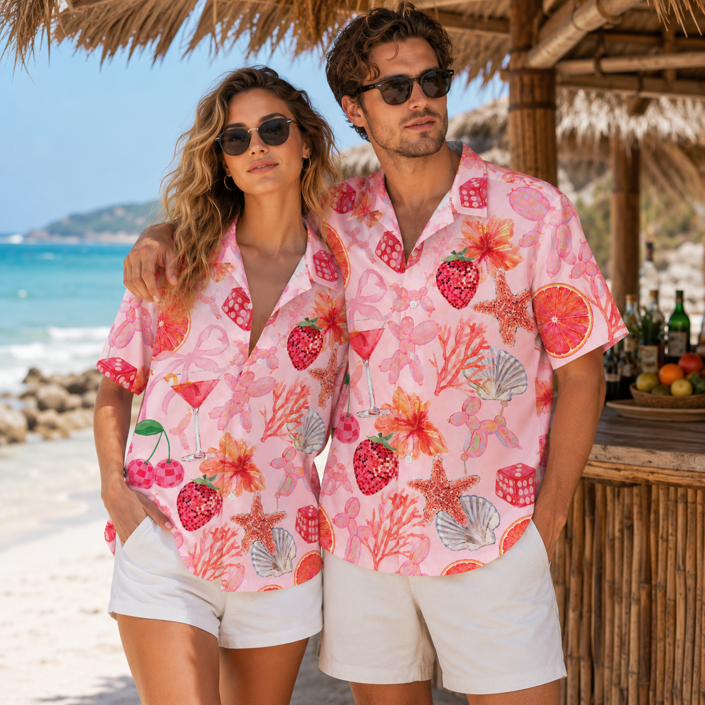 HW-M119-Quirky Pink Balloon Dog Strawberry Martini Dice Floral Hawaiian Shirt Summer Beach Vacation Top