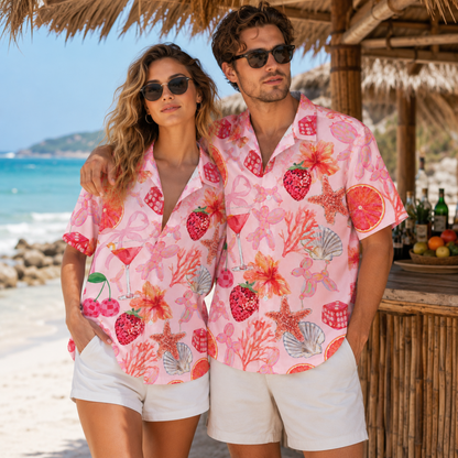 HW-M119-Quirky Pink Balloon Dog Strawberry Martini Dice Floral Hawaiian Shirt Summer Beach Vacation Top