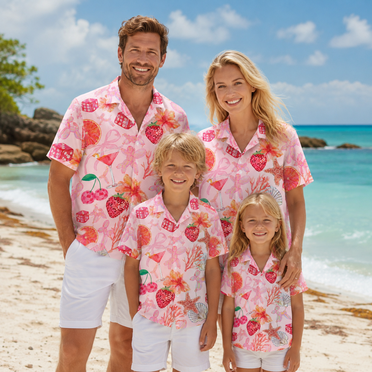HW-M119-Quirky Pink Balloon Dog Strawberry Martini Dice Floral Hawaiian Shirt Summer Beach Vacation Top