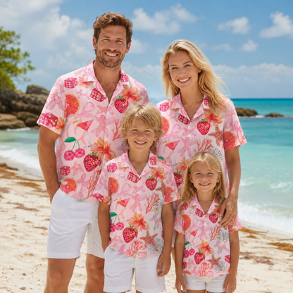 HW-M119-Quirky Pink Balloon Dog Strawberry Martini Dice Floral Hawaiian Shirt Summer Beach Vacation Top