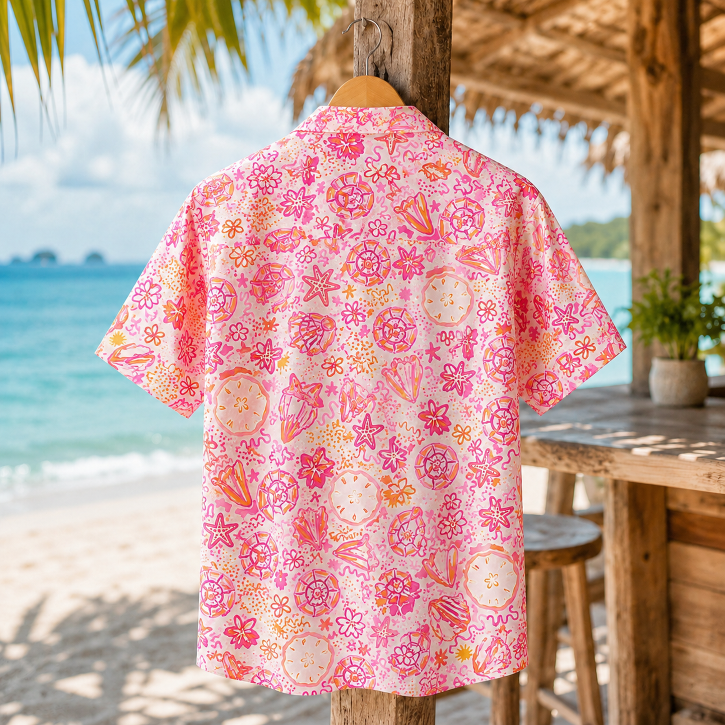 HW-M120-Abstract Pink Seashell Starfish Pattern Hawaiian Shirt Preppy Coastal Summer Vacation Button Down Top