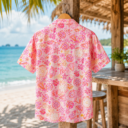 HW-M120-Abstract Pink Seashell Starfish Pattern Hawaiian Shirt Preppy Coastal Summer Vacation Button Down Top