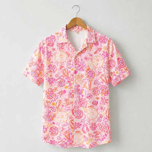 HW-M120-Abstract Pink Seashell Starfish Pattern Hawaiian Shirt Preppy Coastal Summer Vacation Button Down Top