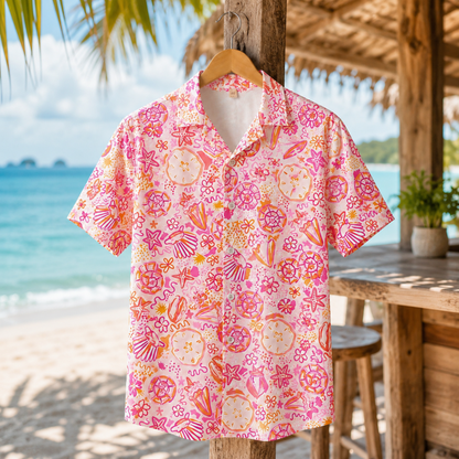 HW-M120-Abstract Pink Seashell Starfish Pattern Hawaiian Shirt Preppy Coastal Summer Vacation Button Down Top