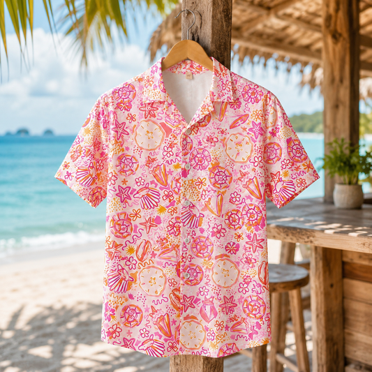 HW-M120-Abstract Pink Seashell Starfish Pattern Hawaiian Shirt Preppy Coastal Summer Vacation Button Down Top