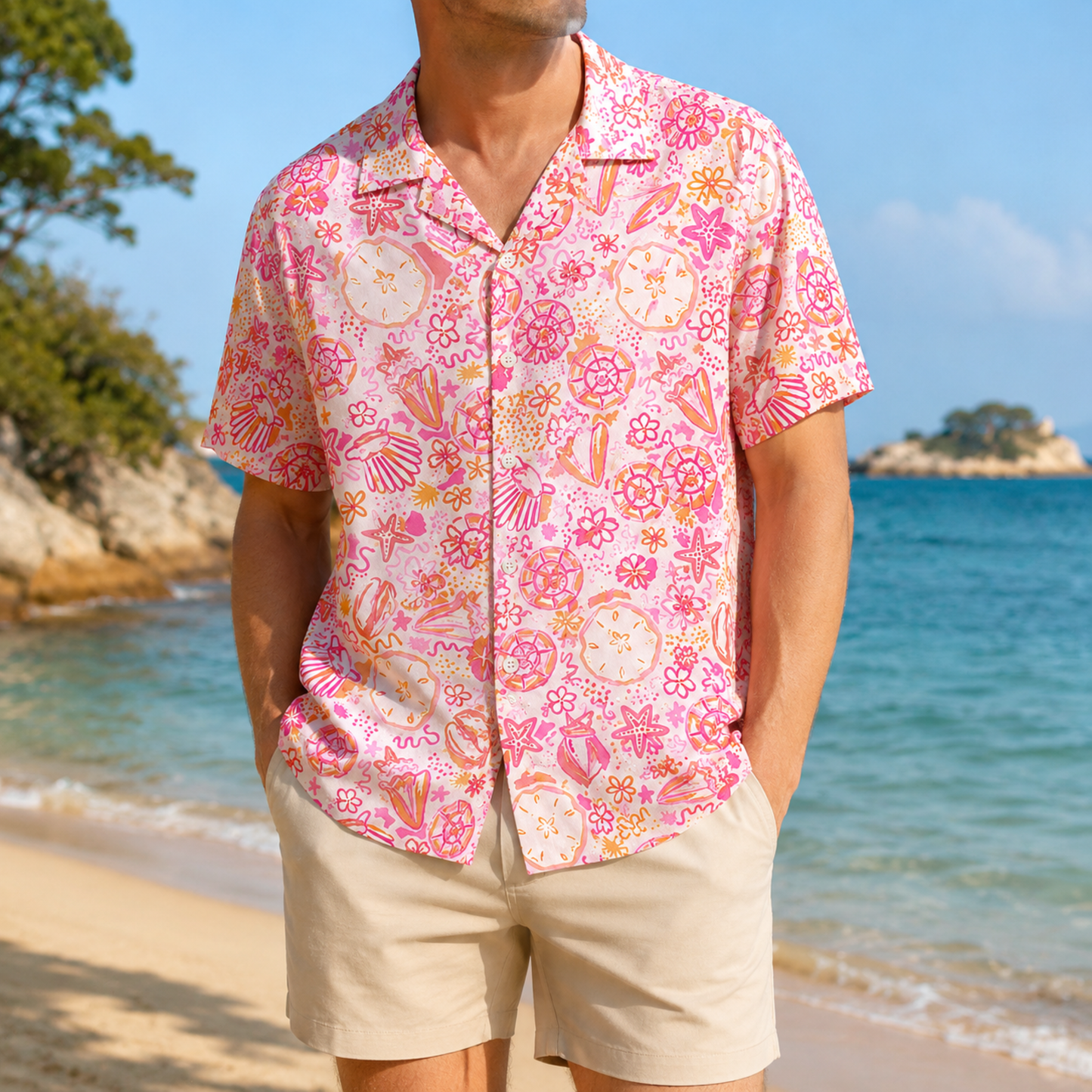 HW-M120-Abstract Pink Seashell Starfish Pattern Hawaiian Shirt Preppy Coastal Summer Vacation Button Down Top
