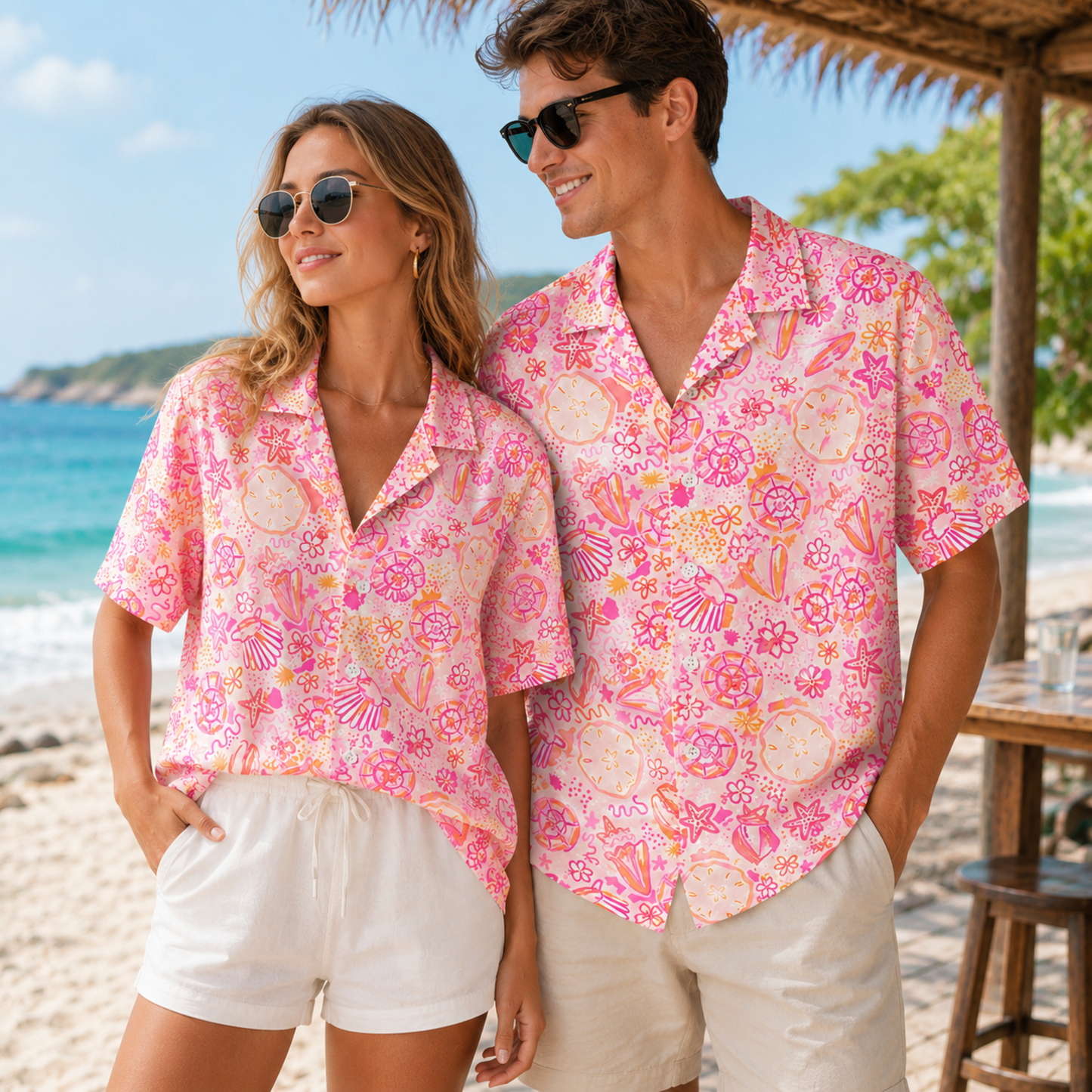 HW-M120-Abstract Pink Seashell Starfish Pattern Hawaiian Shirt Preppy Coastal Summer Vacation Button Down Top