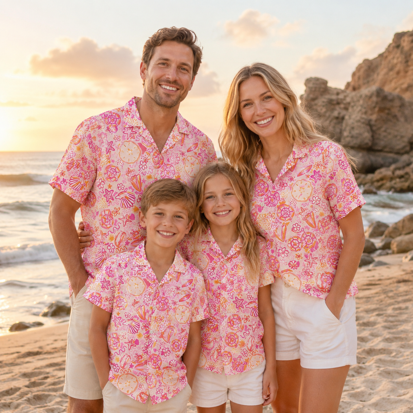 HW-M120-Abstract Pink Seashell Starfish Pattern Hawaiian Shirt Preppy Coastal Summer Vacation Button Down Top