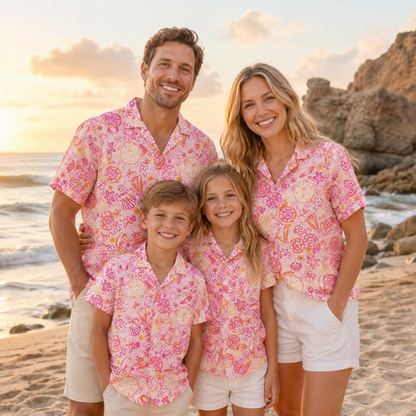 HW-M120-Abstract Pink Seashell Starfish Pattern Hawaiian Shirt Preppy Coastal Summer Vacation Button Down Top
