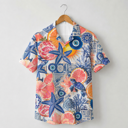 HW-M121-Blue Evil Eye Citrus Starfish Turtle Mediterranean Hawaiian Shirt Coastal Vacation Button Down Top