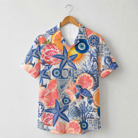 HW-M121-Blue Evil Eye Citrus Starfish Turtle Mediterranean Hawaiian Shirt Coastal Vacation Button Down Top