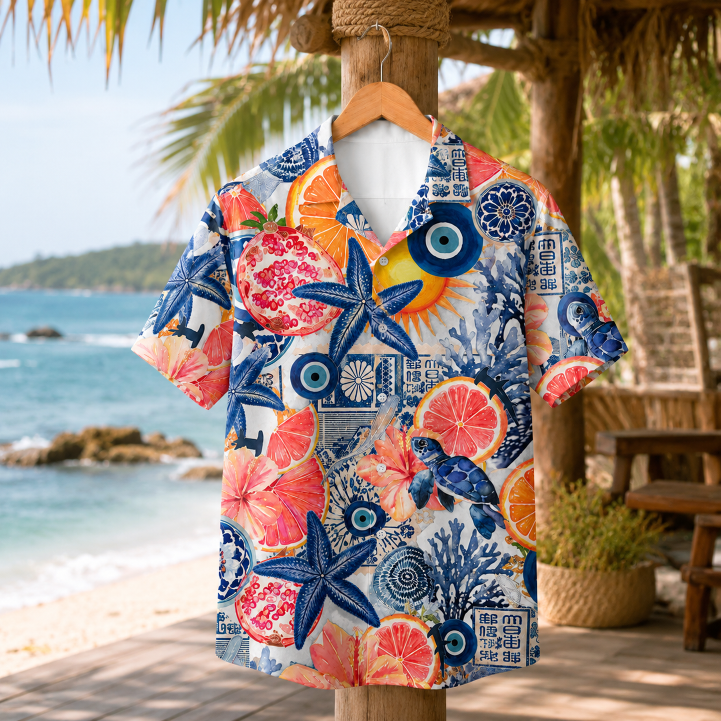 HW-M121-Blue Evil Eye Citrus Starfish Turtle Mediterranean Hawaiian Shirt Coastal Vacation Button Down Top