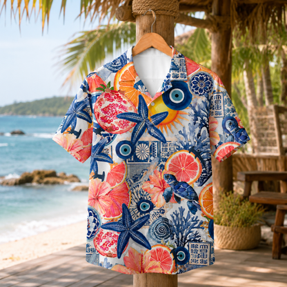 HW-M121-Blue Evil Eye Citrus Starfish Turtle Mediterranean Hawaiian Shirt Coastal Vacation Button Down Top